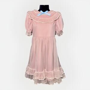 Lolita Dress Teen Small Pink Sheer Lined Puff Ruffle Bow Full Tiers Cosplay